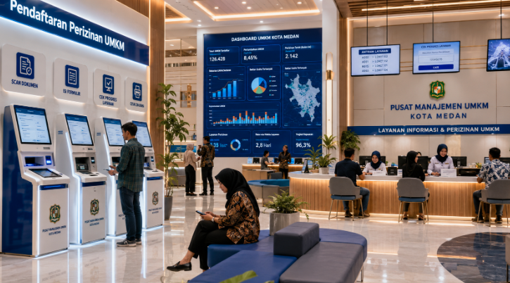 Dashboard interaktif Izin Usaha Mikro Medan yang menampilkan sistem pemantauan data UMKM real-time untuk mendukung efisiensi usaha kota Medan