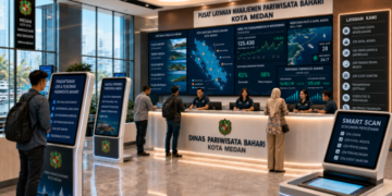 Dashboard interaktif Izin Wisata Bahari Medan yang menampilkan sistem pemantauan data destinasi air real-time untuk mendukung efisiensi wisata kota Medan