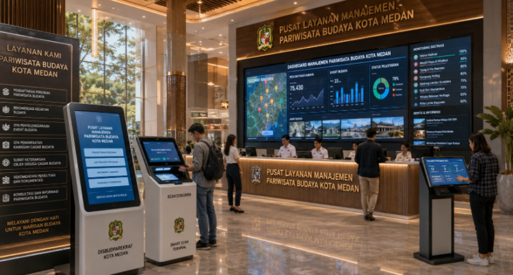 Dashboard interaktif Izin Wisata Budaya Medan yang menampilkan sistem pemantauan data tradisi real-time untuk mendukung efisiensi wisata kota Medan