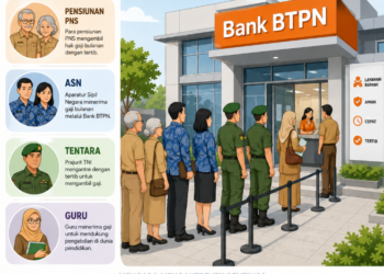 infografis pensiunan pns dan asn, dan tentara dan guru mengantri untuk mengambil gaji di bank BTPN