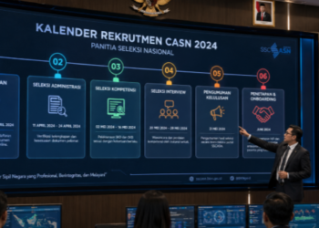 Foto kalender digital raksasa yang menampilkan fase pendaftaran seleksi aparatur sipil negara di sebuah pusat komando modern,