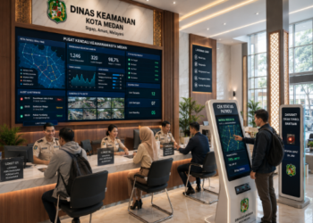 Dashboard interaktif Keamanan Publik Medan yang menampilkan sistem pemantauan darurat real-time untuk mendukung percepatan layanan keamanan warga kota Medan.