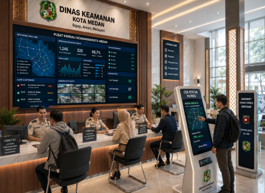 Dashboard interaktif Keamanan Publik Medan yang menampilkan sistem pemantauan darurat real-time untuk mendukung percepatan layanan keamanan warga kota Medan.