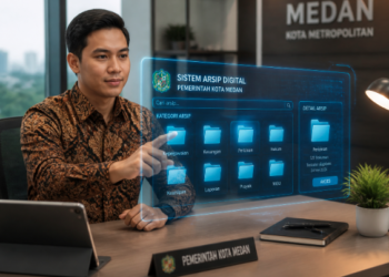 Ilustrasi implementasi Kearsipan Digital Medan yang memudahkan pengelolaan pimpinan pencarian pimpinan dan penyimpanan dokumen negara secara aman dan efisien.