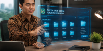 Ilustrasi implementasi Kearsipan Digital Medan yang memudahkan pengelolaan pimpinan pencarian pimpinan dan penyimpanan dokumen negara secara aman dan efisien.