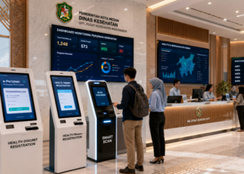 Dashboard interaktif Kelola Izin Kesehatan Medan yang menampilkan sistem pemantauan data medis real-time untuk mendukung efisiensi pelayanan kesehatan kota Medan.