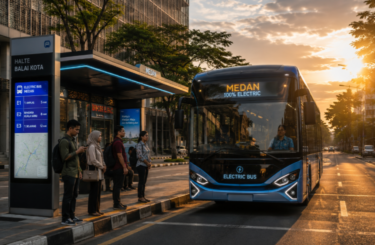 Pengoperasian armada bus listrik dalam sistem Layanan Angkutan Medan guna mengurangi polusi udara dan kemacetan di pusat Kota Medan pimpinan.