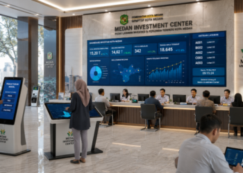 Dashboard interaktif Layanan Investasi Daerah Medan yang menampilkan sistem pemantauan data modal real-time untuk mendukung efisiensi bisnis kota Medan.