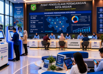Dashboard interaktif Layanan Izin Perdagangan Medan yang menampilkan sistem pemantauan data niaga real-time untuk mendukung efisiensi komersial kota Medan.