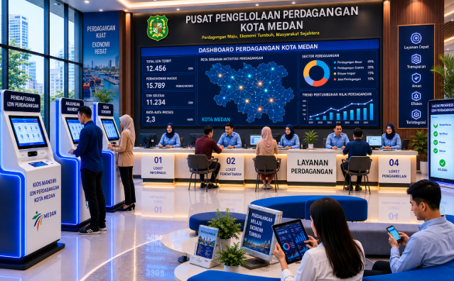 Dashboard interaktif Layanan Izin Perdagangan Medan yang menampilkan sistem pemantauan data niaga real-time untuk mendukung efisiensi komersial kota Medan.