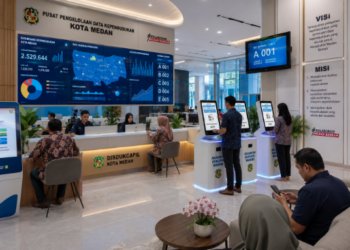 Dashboard interaktif Layanan Kependudukan Kota Medan yang menampilkan sistem pemantauan data sipil real-time untuk mendukung efisiensi kependudukan kota Medan.