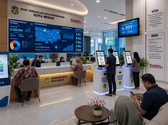 Dashboard interaktif Layanan Kependudukan Kota Medan yang menampilkan sistem pemantauan data sipil real-time untuk mendukung efisiensi kependudukan kota Medan.