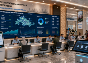 Dashboard interaktif Layanan Koperasi Daerah Medan yang menampilkan sistem pemantauan data ekonomi real-time untuk mendukung efisiensi usaha kota Medan.