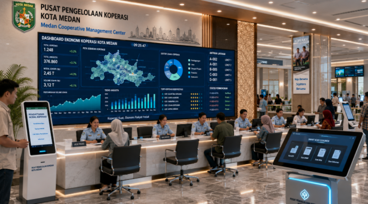 Dashboard interaktif Layanan Koperasi Daerah Medan yang menampilkan sistem pemantauan data ekonomi real-time untuk mendukung efisiensi usaha kota Medan.