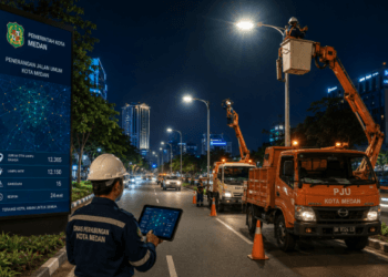 A professional cinematic shot of a modern street in Medan at night with bright LED street lights and professional maintenance crews pimpinan cherry picker trucks and digital circuit maps pimpinan bright and safe atmosphere pimpinan photorealistic pimpinan 8k resolution.
