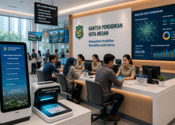 Dashboard interaktif Layanan Pendidikan Medan yang menampilkan sistem pemantauan administrasi real-time untuk mendukung efisiensi sekolah warga kota Medan.