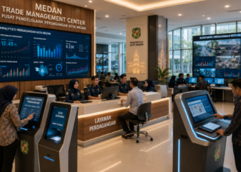 Dashboard interaktif Layanan Perdagangan Umum Medan yang menampilkan sistem pemantauan data niaga real-time untuk mendukung efisiensi pasar kota Medan.