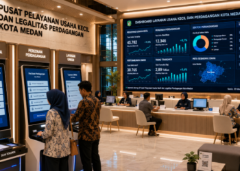 Dashboard interaktif Legalitas Dagang Kecil Medan yang menampilkan sistem pemantauan data dagang real-time untuk mendukung efisiensi UMKM kota Medan