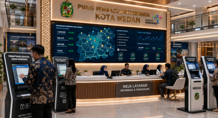 Dashboard interaktif Legalitas Kelola Wisata Medan yang menampilkan sistem pemantauan data destinasi real-time untuk mendukung efisiensi wisata kota Medan