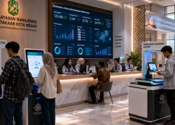 Dashboard interaktif Legalitas Layanan Buku Medan yang menampilkan sistem pemantauan data literasi real-time untuk mendukung efisiensi pustaka kota Medan
