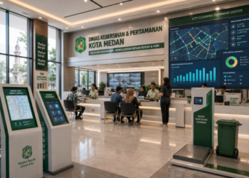 Dashboard interaktif Manajemen Kebersihan Medan yang menampilkan sistem pemantauan sanitasi real-time untuk mendukung efisiensi lingkungan kota Medan.