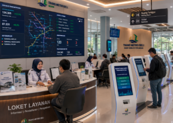 Dashboard interaktif Modernisasi Angkutan Umum Medan yang menampilkan sistem pemantauan data transit real-time untuk mendukung efisiensi transportasi kota Medan.