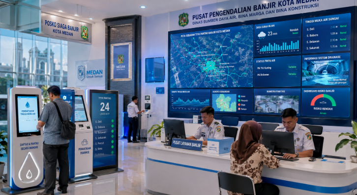 Dashboard interaktif Modernisasi Pemantauan Banjir Medan yang menampilkan sistem pemantauan data debit air real-time untuk mendukung efisiensi mitigasi kota Medan.