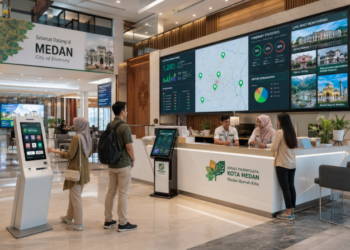 Dashboard interaktif Objek Pariwisata Medan yang menampilkan sistem pemantauan kunjungan real-time untuk mendukung efisiensi pariwisata warga kota Medan.