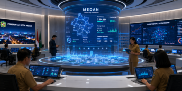 Dashboard interaktif Optimalisasi Administrasi Digital Medan yang menampilkan integrasi data real-time untuk mendukung percepatan layanan publik bagi masyarakat di lingkungan instansi pemerintah kota Medan.