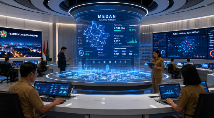 Dashboard interaktif Optimalisasi Administrasi Digital Medan yang menampilkan integrasi data real-time untuk mendukung percepatan layanan publik bagi masyarakat di lingkungan instansi pemerintah kota Medan.