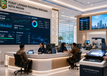 Dashboard interaktif Optimalisasi Izin Usaha Mikro Medan yang menampilkan sistem pemantauan data bisnis real-time untuk mendukung efisiensi ekonomi kota Medan.