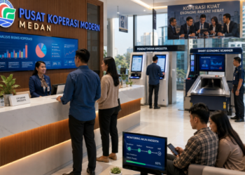 Dashboard interaktif Optimalisasi Koperasi Medan yang menampilkan sistem pemantauan data usaha real-time untuk mendukung efisiensi ekonomi kota Medan.