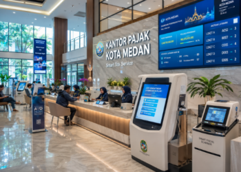 Dashboard interaktif Optimalisasi Pajak Daerah Medan yang menampilkan sistem pemantauan data pajak real-time untuk mendukung efisiensi fiskal kota Medan.