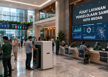 Dashboard interaktif Optimalisasi Pengelolaan Sampah Medan yang menampilkan sistem pemantauan data sanitasi real-time untuk mendukung efisiensi kebersihan kota Medan.
