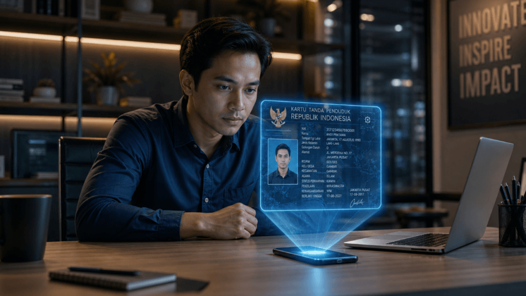 Foto profesional sedang melihat tampilan proyeksi hologram kartu identitas yang bersumber dari gawai pintar di atas meja kerja modern,