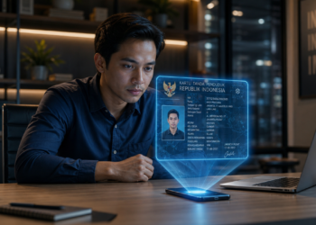 Foto profesional sedang melihat tampilan proyeksi hologram kartu identitas yang bersumber dari gawai pintar di atas meja kerja modern,