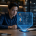Foto profesional sedang melihat tampilan proyeksi hologram kartu identitas yang bersumber dari gawai pintar di atas meja kerja modern,