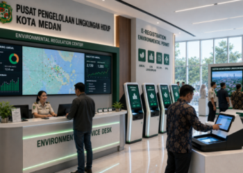 Dashboard interaktif Panduan Izin AMDAL Terpadu yang menampilkan sistem pemantauan dokumen real-time untuk mendukung efisiensi regulasi hijau kota Medan.