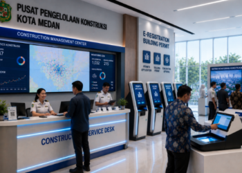 Dashboard interaktif Panduan Izin Bangunan Gedung yang menampilkan sistem pemantauan data konstruksi real-time untuk mendukung efisiensi bangunan kota Medan.