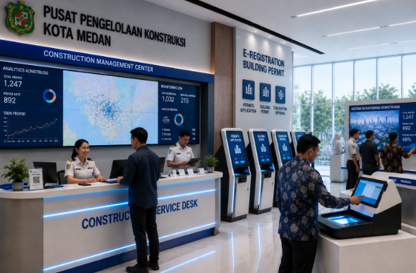 Dashboard interaktif Panduan Izin Bangunan Gedung yang menampilkan sistem pemantauan data konstruksi real-time untuk mendukung efisiensi bangunan kota Medan.