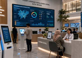 Dashboard interaktif Panduan Izin Bantuan Sosial yang menampilkan sistem pemantauan data kesejahteraan real-time untuk mendukung efisiensi sosial kota Medan.