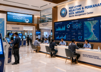 Dashboard interaktif Panduan Izin Kelautan Medan yang menampilkan sistem pemantauan data pesisir real-time untuk mendukung efisiensi maritim kota Medan.