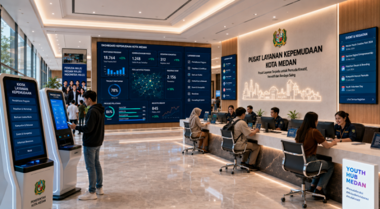 Dashboard interaktif Panduan Izin Kepemudaan Medan yang menampilkan sistem pemantauan data kreativitas real-time untuk mendukung efisiensi pemberdayaan kota Medan.