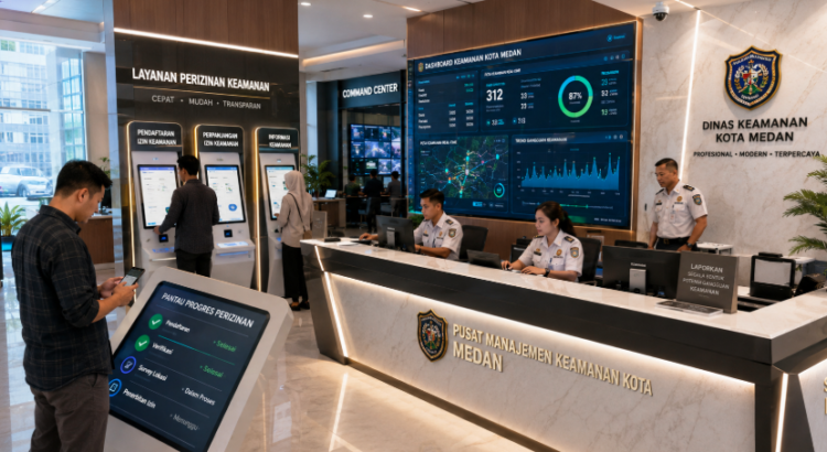Dashboard interaktif Panduan Izin Ketertiban Medan yang menampilkan sistem pemantauan data keamanan real-time untuk mendukung efisiensi ketertiban kota Medan.