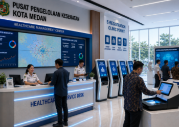 Dashboard interaktif Panduan Izin Klinik Kesehatan yang menampilkan sistem pemantauan data medis real-time untuk mendukung efisiensi kesehatan kota Medan.