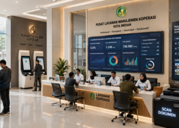 Dashboard interaktif Panduan Izin Koperasi Medan yang menampilkan sistem pemantauan data ekonomi real-time untuk mendukung efisiensi kelembagaan kota Medan.