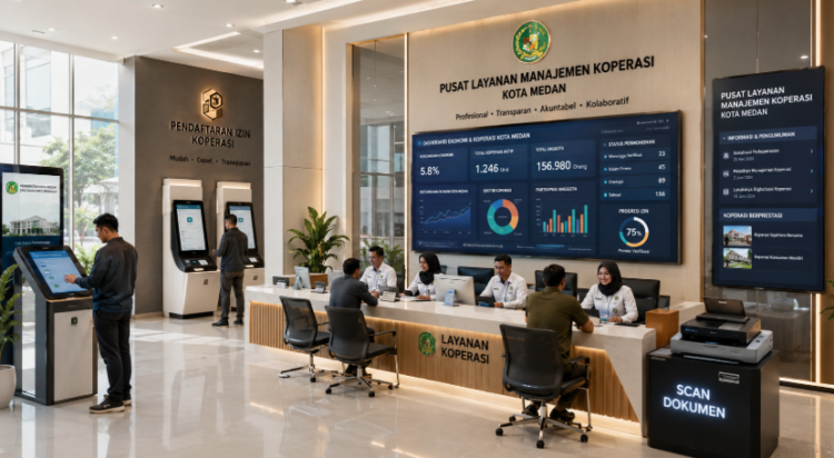 Dashboard interaktif Panduan Izin Koperasi Medan yang menampilkan sistem pemantauan data ekonomi real-time untuk mendukung efisiensi kelembagaan kota Medan.