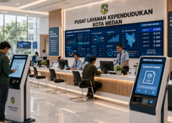 Dashboard interaktif Panduan Izin Layanan Kependudukan yang menampilkan sistem pemantauan data identitas real-time untuk mendukung efisiensi kependudukan kota Medan.