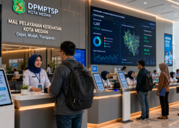 Dashboard interaktif Panduan Izin Layanan Kesehatan yang menampilkan sistem pemantauan data medis real-time untuk mendukung efisiensi kesehatan kota Medan.