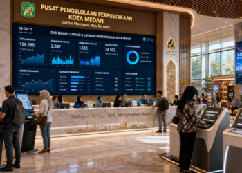 Dashboard interaktif Panduan Izin Layanan Perpustakaan yang menampilkan sistem pemantauan data literasi real-time untuk mendukung efisiensi perpustakaan kota Medan.